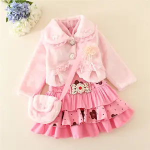 無地のピンクのドレス小さな女の子のブティック服セット赤ちゃんの冬のドレスセットよく服を着た綿の毛皮のコート