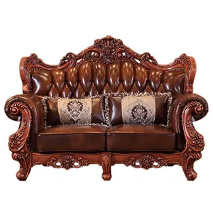 2020 nuovi arrivi antico classico stile Europeo in legno massiccio intaglio divani in pelle