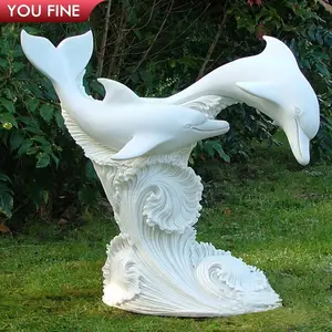 Fonte de água escultura de dolphin mármore branco ao ar livre