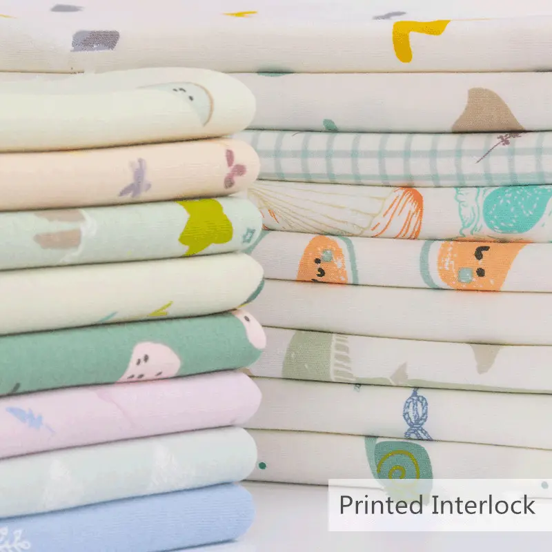Tissu tricotage 100% coton, étoffe à imprimés Interlock, couvre-chef en coton peigné pour vêtements de bébé
