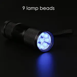 Super light mini 9 led potente torcia a luce UV viola nera 395nm regalo di promozione in alluminio torcia per bambini per emergenza esterna