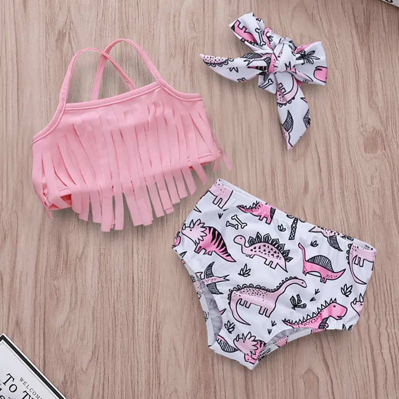 NB-24M Trẻ Em Bé Gái Hồng Fringe Khủng Long Bikini Đồ Bơi Bộ Đồ Tắm