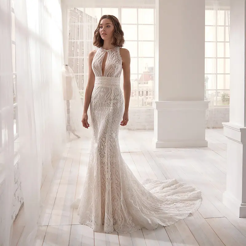 Eslieb A50 Suzhou factory customized o neck lace long sleeve luxury lace wedding dress bridal gown mermaid