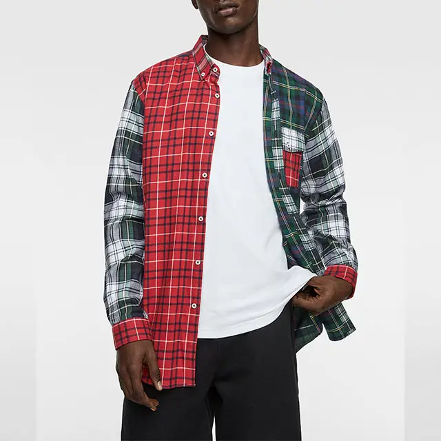 wholesale Red and black plaid patchwork fashion shirt men stylish custom long sleeve 100%cotton shirt for men