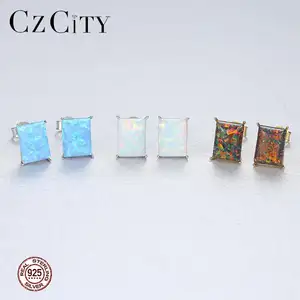 CZCITY Square Fire Blue Opal Stud Earrings for Women Opal Jewelry Wholesale Stud Earrings