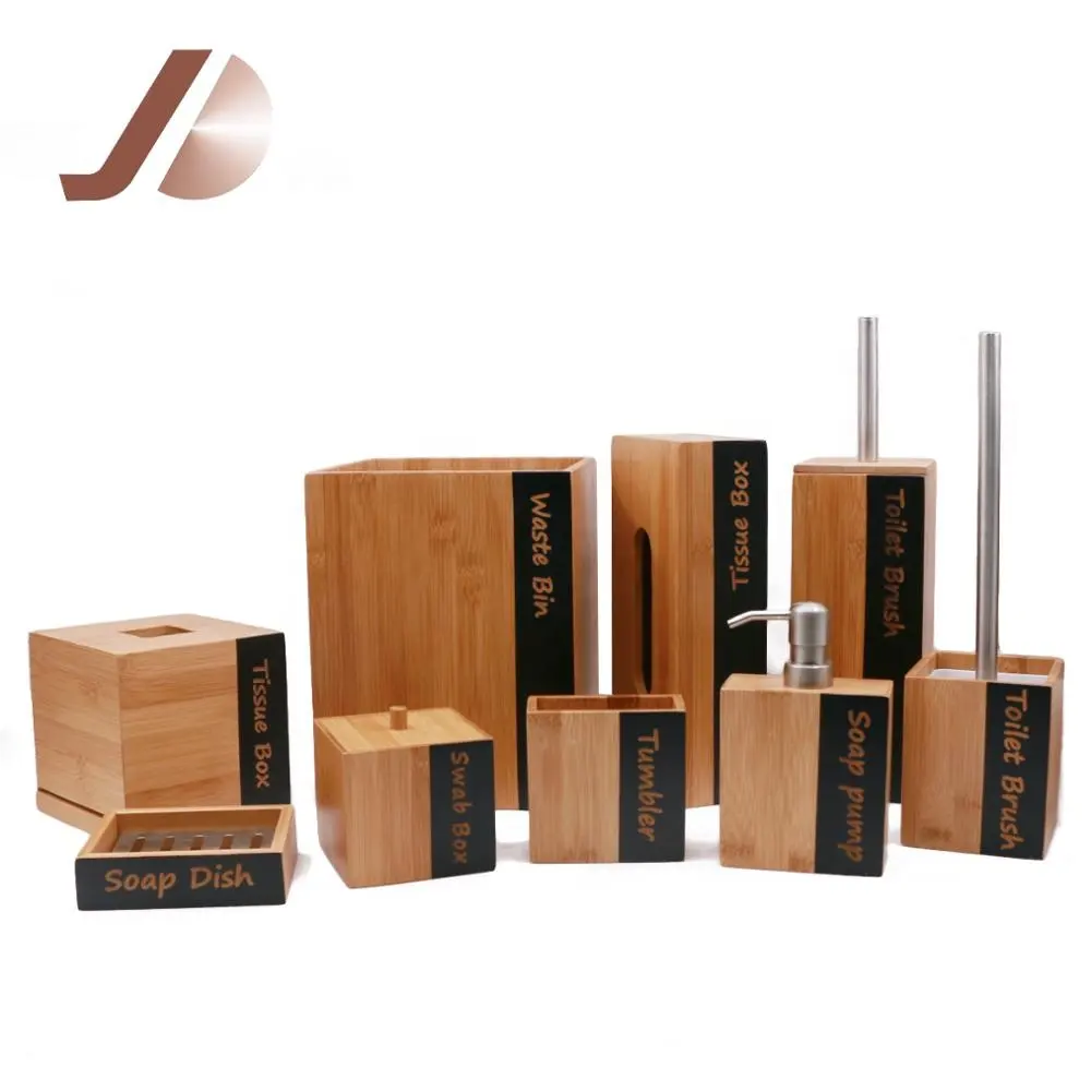 Accesorios de baño de madera de bambú de alta calidad, logotipo láser personalizado, juegos de accesorios de baño para hotel