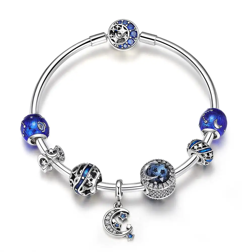 BAGREER SCB801 Luxury pattern 925 delicate moon with star beads silver charms bracelet DIY lady CZ blue stone bangle