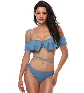HOT Sell Two-Piece Blue And Black Swimsuit Elegant Flounce Top Sexy Micro Lacing Bikini For Women