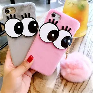 Sexy mata permen warna fluffy plastik ponsel kasus untuk iphone 6 6 s ditambah dengan fashional bola berbulu