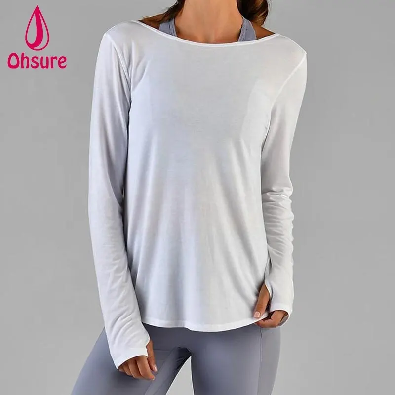 Camiseta suave y elástica con espalda abierta para yoga, mujer, de manga larga Camiseta deportiva para correr y bailar
