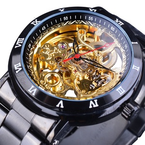 Forsining-reloj de lujo para hombre, reloj masculino automático Retro con diseño de flor real, esqueleto dorado, punteros negros, de acero inoxidable - Product Image 1