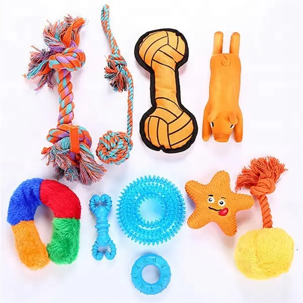 Vibrating Squeaky 10 PACK Puppy Dog Pet Toy Gift Set Wholesale Durable Vinyl Rubber Ball Teething Chew Rope Interactive Dog Toy