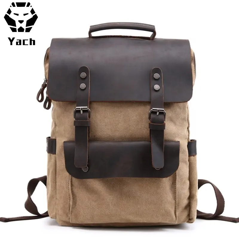 Retro 16Oz washed design daily durable crazy rucksack man back pack bag laptop school mens waxed canvas leather backpack