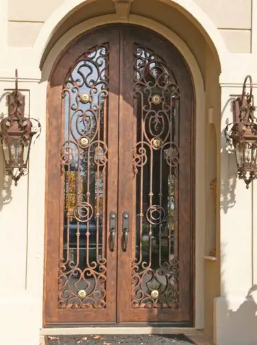 Merlin-puertas de entrada doble de hierro y bronce, de gran tamaño, con forma arqueada