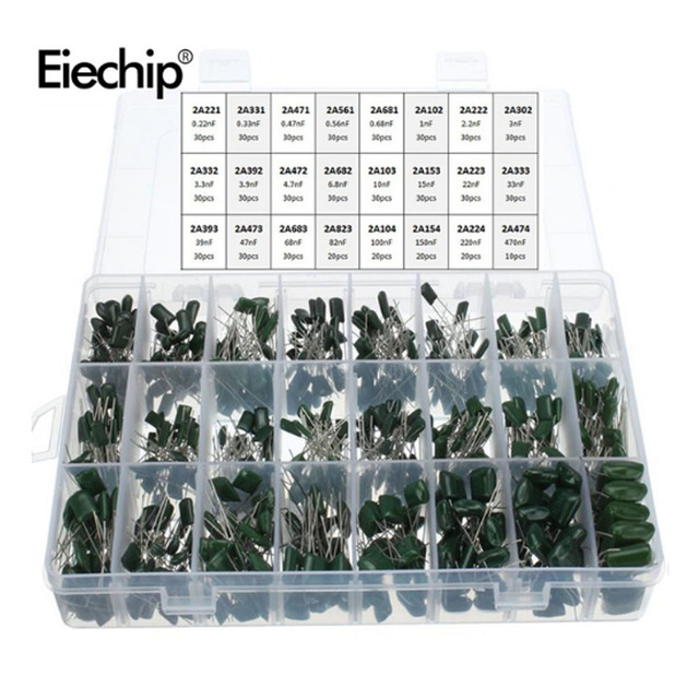 660pcs/lot 24Value capacitor kit 100V 2A221J to 2A474J Polyester Film capacitor Assorted Kit with storage box