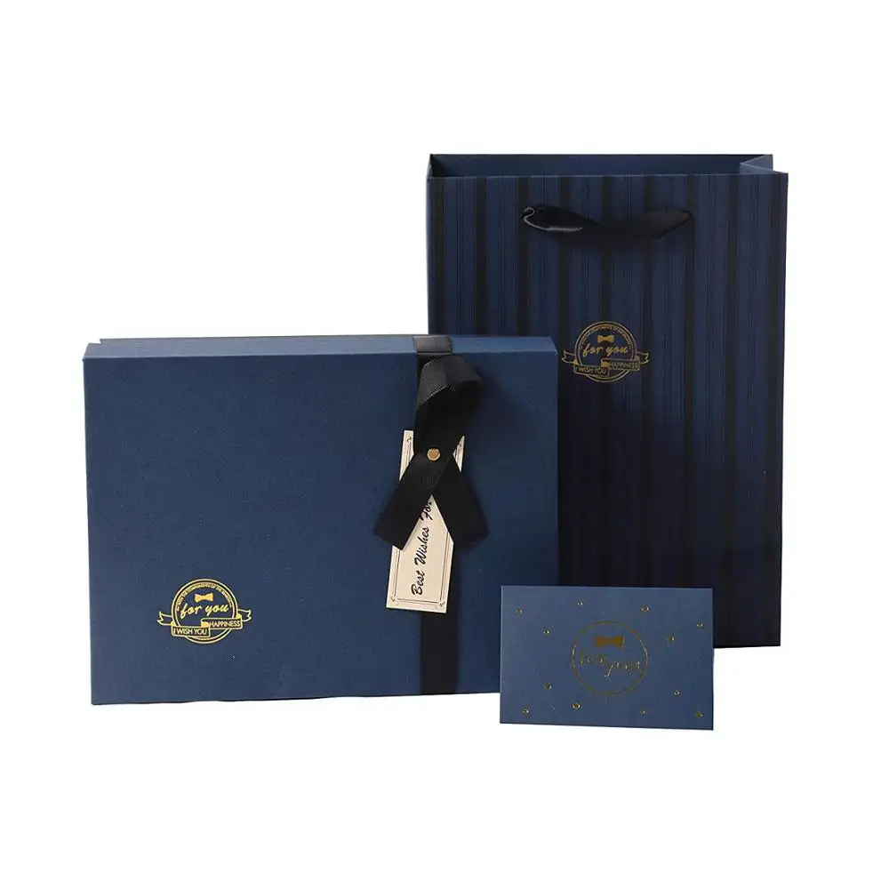 Navy Blue 8x6x3 Foldable Gift Box with Fill | Crinkle Cut Paper Shred Filler + Blue Gift Bag + Greeting Card + Tag + Decorative