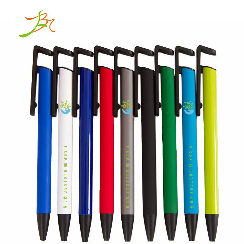 2 in 1 plastic mobile phone stand pen Colored barrel with black clip and tip F shape phone holder ball point pen