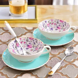 פרחוני פורצלן תה כוסות ותחתית קרמיקה פרח קפה כוסות עם צלחת אלגנטי תה ספלים