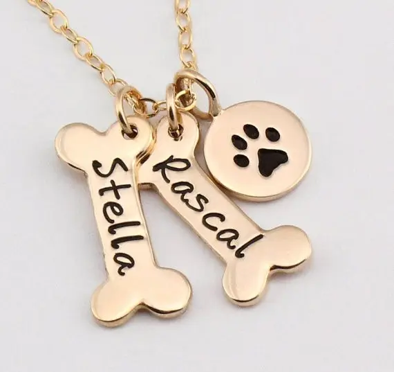 Name Necklace Dog Paw Necklace Personalized Dog Necklace Paw Print Dog Bone Initial Charm Pet Jewelry