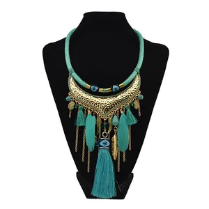 Bohemian Style Gold Plated Alloy Feather Leaf Silk Tassel Bib Necklace
