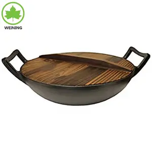 12 "Diameter Huishoudelijke Grote Handvat Gietijzeren Wok Met Houten Deksel