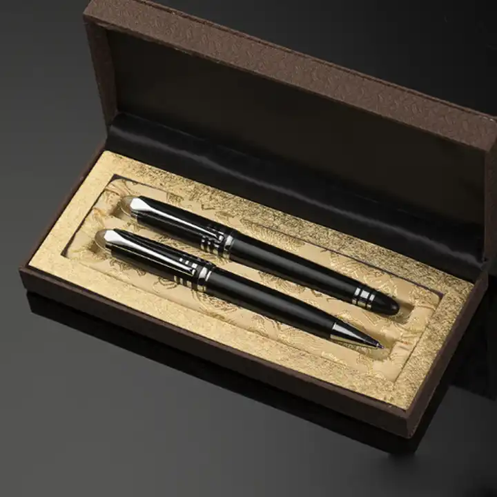 2023 charmant haut de gamme en métal promotionnel cristal top stylo  ensemble stylo à bille et rouleau noir double stylo ensemble avec étui  noir