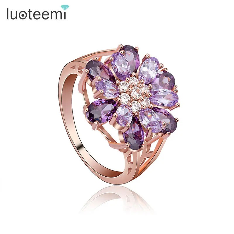 LUOTEEMI — bagues en zircone cubique pour femme, bijoux à la mode, Design fleur Unique, pavé violet, bagues de doigt scintillantes