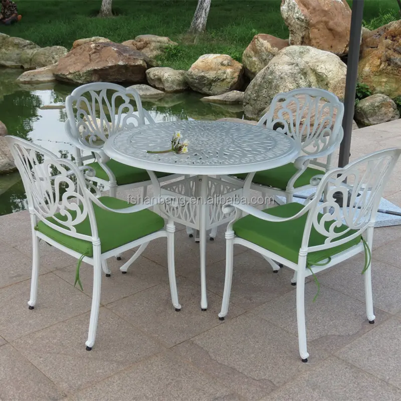 Outdoor Patio Witte Ronde Eettafel En Stoelen Set Tuinmeubelen Gegoten Aluminium