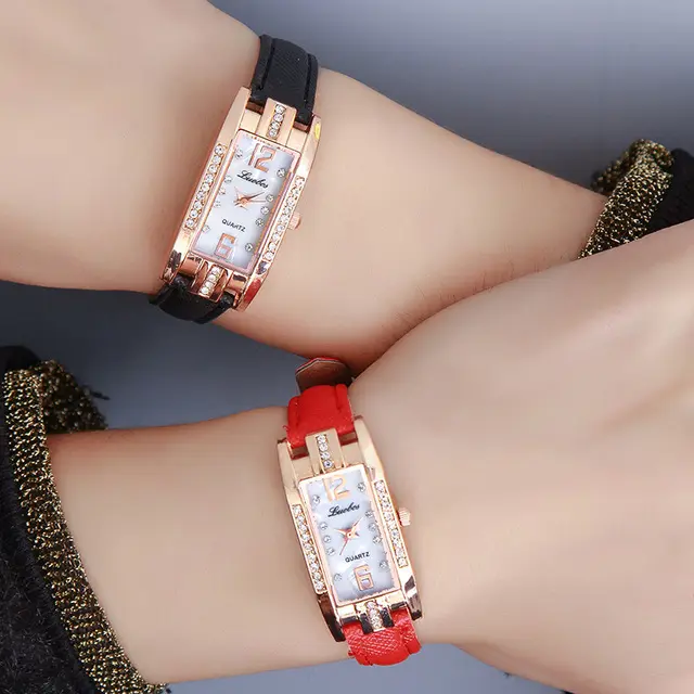 Small Dial Watch for Women Rectangle Rhinestone Square Quartz Watch Leather Strap Ladies Dress Watches