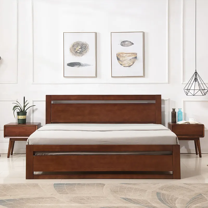 Amostra livre de móveis de quarto, design escandinavo, quadro de madeira, cama dupla tamanho king