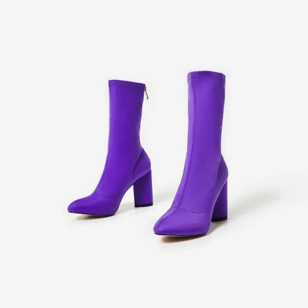 High Heel Schuhe Sexy Girls Neueste Design Lila Lycra Chunky Heel Stiefeletten für Frauen