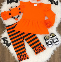 Ensemble à manches longues pour bébé fille, pantalon à volants, en coton, orange, chevron, vêtements boutique, tenue d'halloween, vente en gros