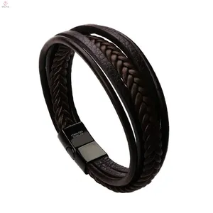 Wholesale OEM Jewelry Woven Bangle Magnetic Custom Blank Genuine Braided Stainless Steel Black Man Leather Bracelets for Men