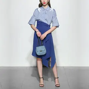 OEM İki Adet OL Şerit Bluz Mavi Etek Kadın Etek Takım Elbise Bayan takım elbise