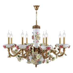 Style français Haut En Laiton Coloré En Céramique <span class=keywords><strong>Rose</strong></span> Fleur Mariage Lustre - Product Image 1