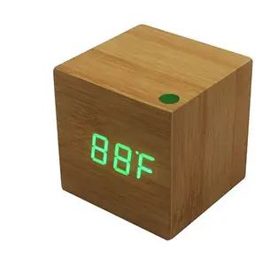 Jam LED meja Digital, Jam Alarm LED Digital kayu, tampilan termometer, Meja kayu, kontrol suara kubus bentuk persegi sederhana