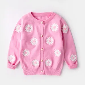 China Alibaba suéter de punto de Color rosa personalizado para niños cárdigan barato con flor