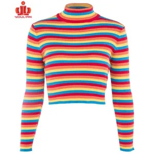 Dames Lange Mouwen Base Trui Crop Top Gebreide Kleur Blok Streep Regenboog Trui