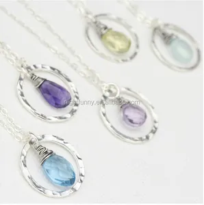 Hammered Sterling Silver Circle 12 Birthstone Pendant Gemstone Necklace