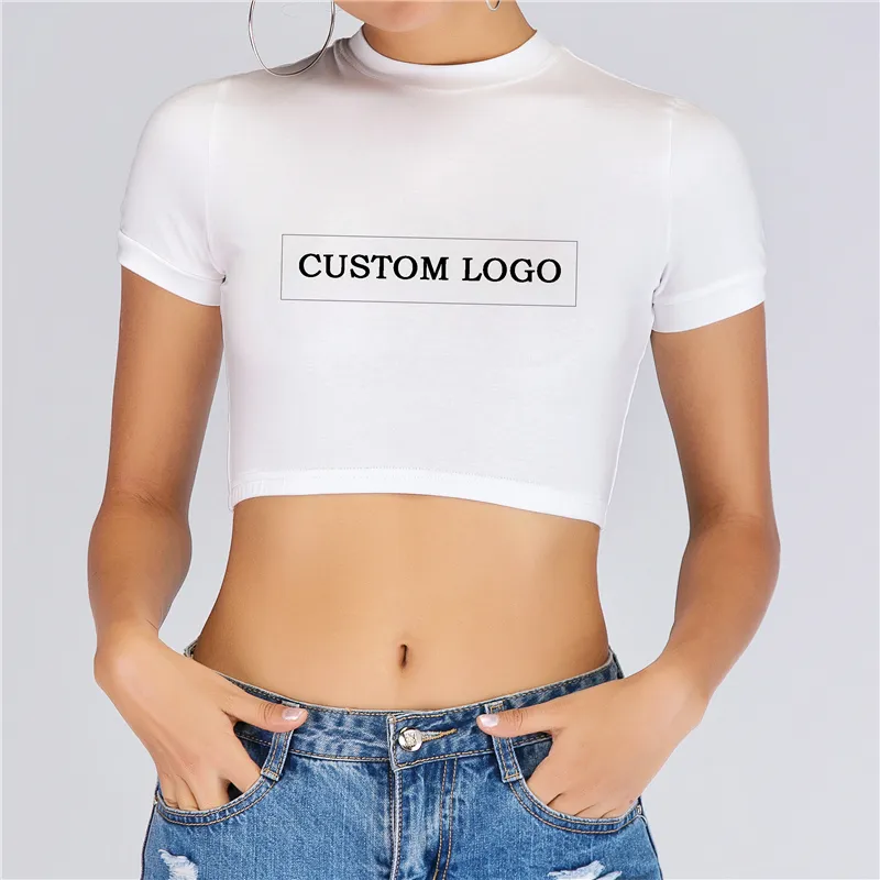 Groothandel Vrouwen Fashion Custom Logo Print Shirt Sexy Dames Zomer Plain Tight Crop Tops