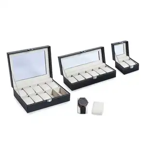 High Quality卸売Black Watch 10 Slots Packaging Glass TopディスプレイPU Leather 6 Watch Boxes