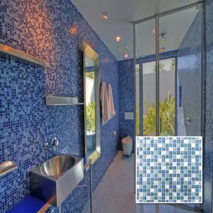 Foshan Eiffel azul pequeño cuadrado blanco azulejo mosaico de vidrio cristal mezclado azulejos de mosaico de mármol