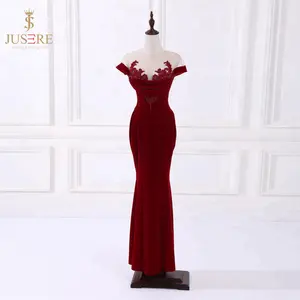 Trumpet mermaid scoop neck short sleeves beaded appliques red velvet evening dress elegant prom gown