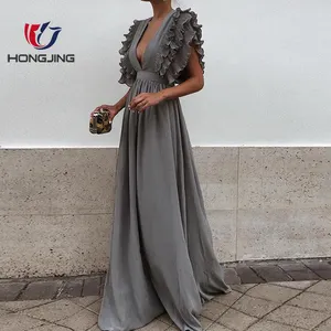 Wanita V Leher Terjun Berlapis Ruffles Detail Ruched Maxi Panjang Gaun Asimetris Hem Tersembunyi Penutupan Ritsleting Belakang Gaun