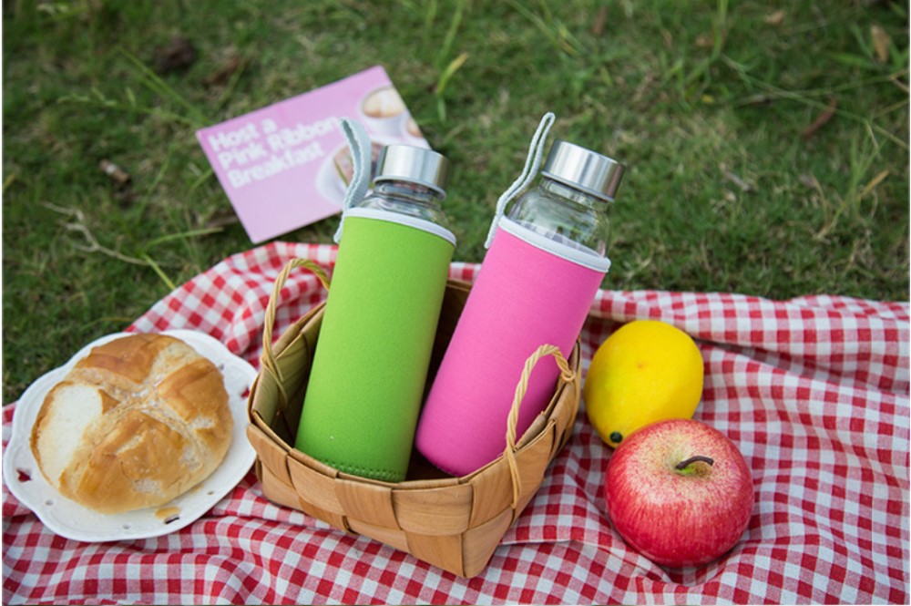 18oz Leak-Proof Glass Bottles Juicing Containers Water Beverage Bottles With Nylon Sleeve