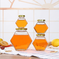 Bocal à miel hexagonal en verre de 250 ml (250 g) au design élégant avec couvercle doré, pot hexagonal en verre de 250 g pour miel avec couvercle métallique scellé