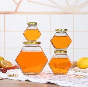 Fantasia 250ml 250g garrafa de vidro de mel hexagonal frasco com tampa dourada, 250g de mel hexagon jarra de vidro com tampa de metal selado