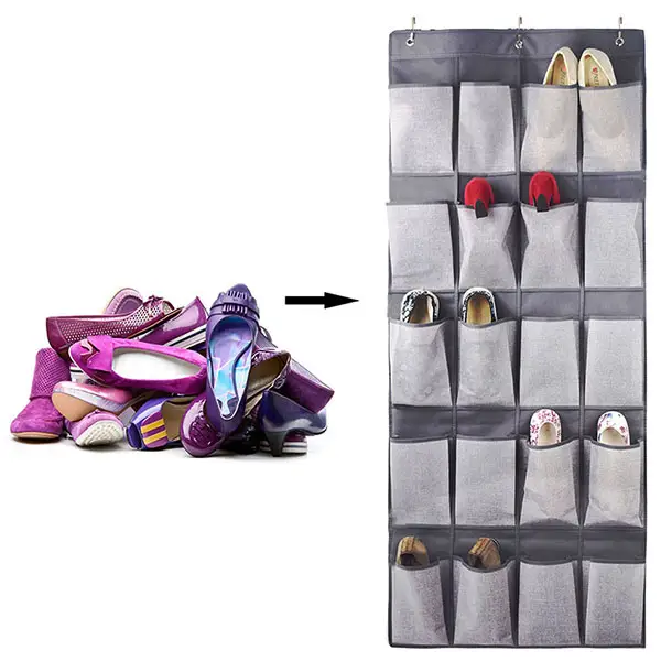 New design hot sale 24 pockets door cardboard hanging shoe organizer fabric storage bag with 3 hanging hook for wall