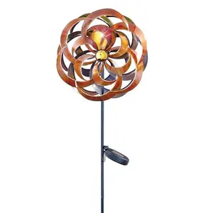 Amber Light Solar Wind Spinner garden stake metal Double Pinwheel