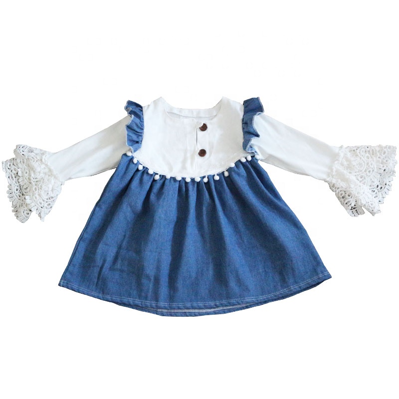 Джинсовое платье для девочек, кружевное платье с оборками на рукавах, Потертая джинсовая одежда в западном стиле для маленьких девочек, осеннее платье для маленьких девочек